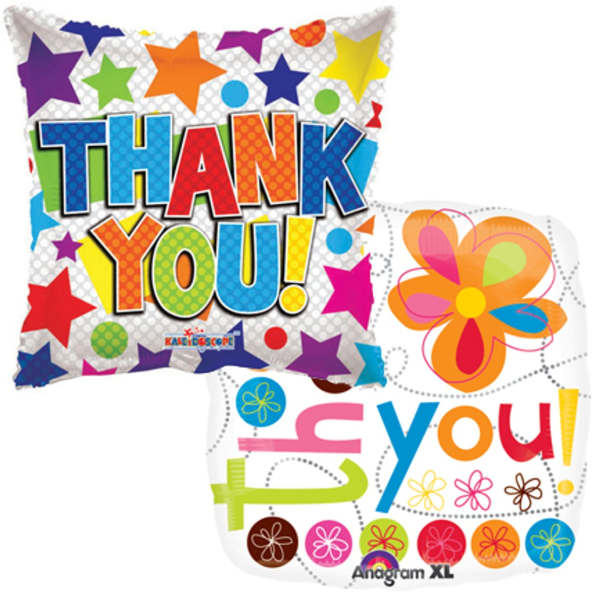 Two colorful thank-you balloons with stars and flowers