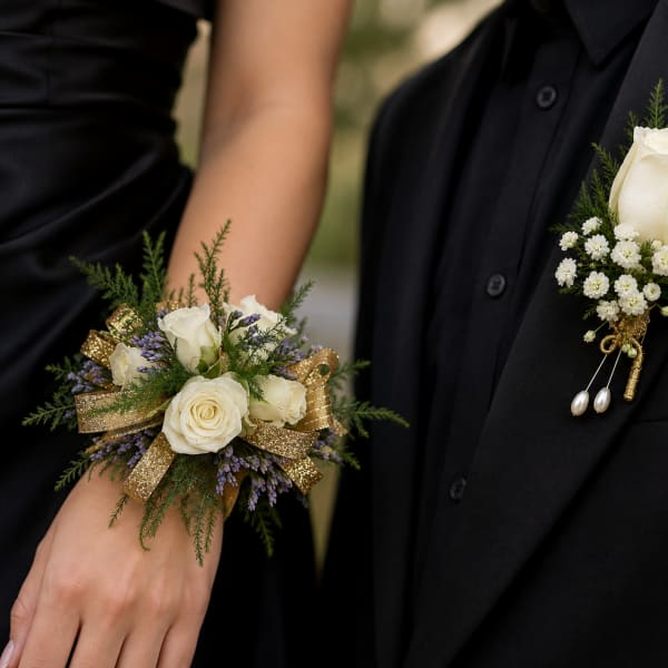 White rose boutonniere and matching wrist corsage on black formalwear