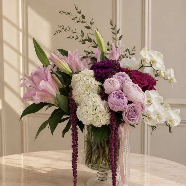 Pink and white floral arrangement in a glass vase