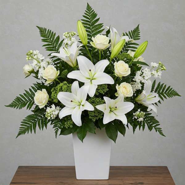White lilies and roses arranged in a white vase