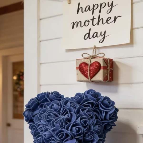 Blue teddy bear made of roses with a small gift box and Mother's Day sign