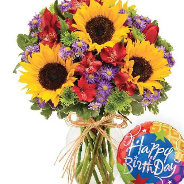 Bouquet of sunflowers, red alstroemeria, and purple asters with a birthday balloon