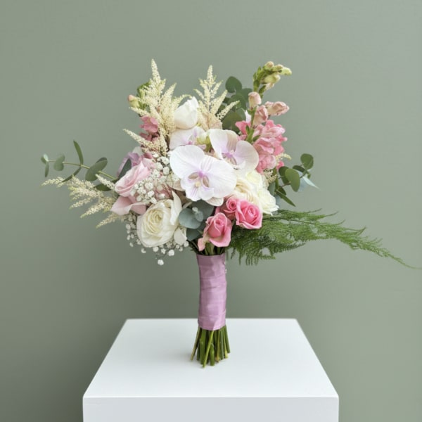 Pink and white bridal bouquet with orchids and roses, wrapped in lavender ribbon
