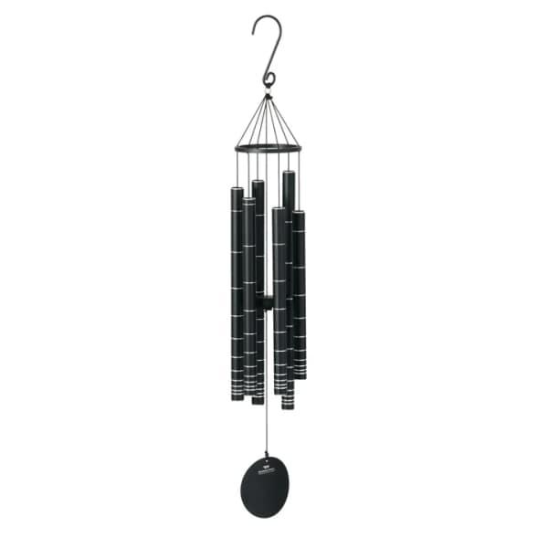 Black hanging wind chime with metal tubes and a round clapper