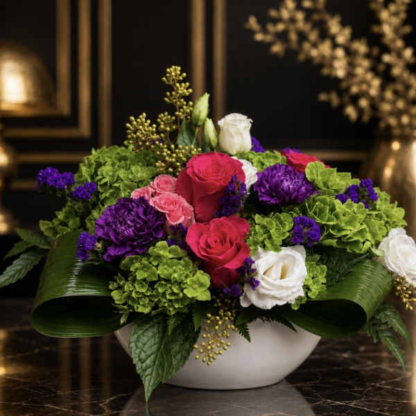 Mixed bouquet of roses, lisianthus, and purple blooms in a white bowl vase