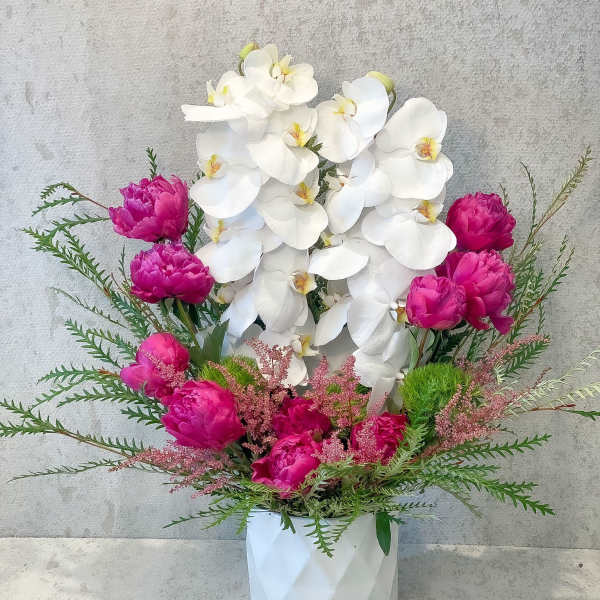 White orchids and bright pink peonies in a white vase