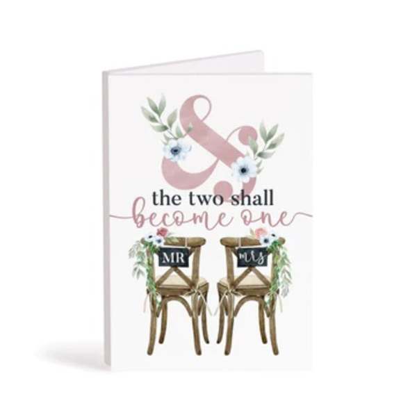 Wedding card with two chairs labeled Mr and Mrs