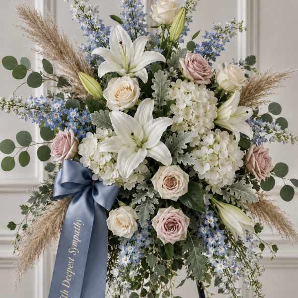 Standing floral spray with white lilies, pale roses, and blue flowers on a ribboned easel