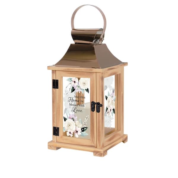 Wooden lantern with floral print and a metal handle