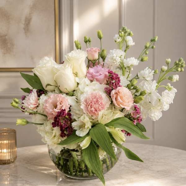 Pastel bouquet of roses, carnations, and white blooms in a glass bowl vase
