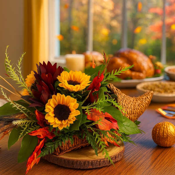 Cornucopia centerpiece with yellow sunflowers and dark red blooms on a wooden slice base