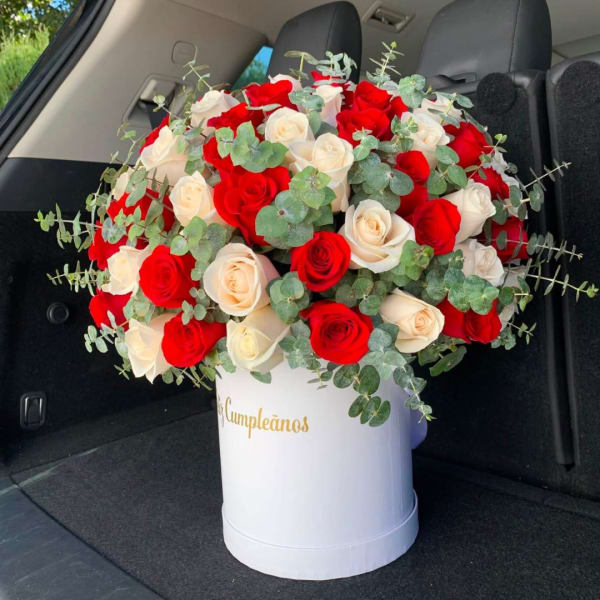 Red and white roses arranged in a white hat box