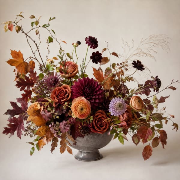 Autumn floral arrangement in a gray pedestal vase with roses and dahlias