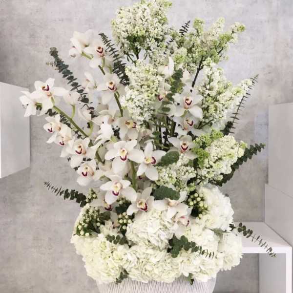 White orchids and hydrangeas arranged in a white basket