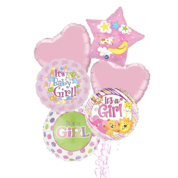 Cluster of pink baby girl balloons with heart and star shapes