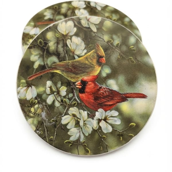 Two round decorative plates with birds and white blossoms