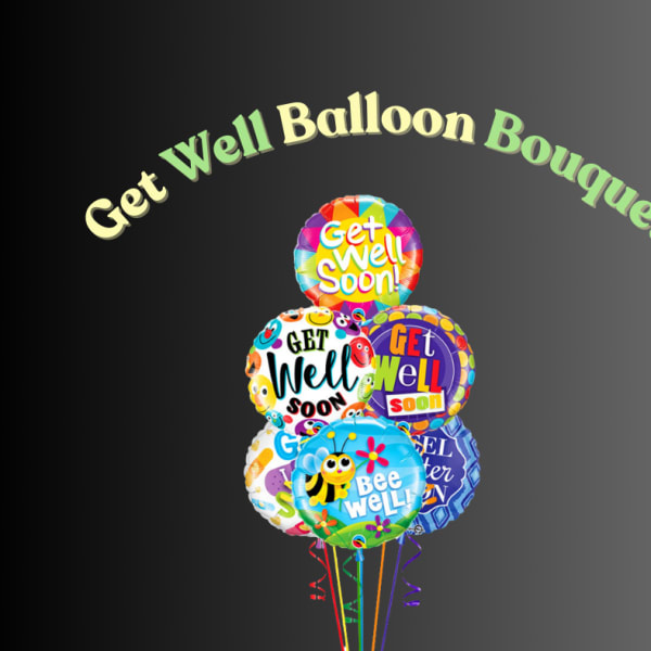 Cluster of colorful get-well balloons with ribbon tails