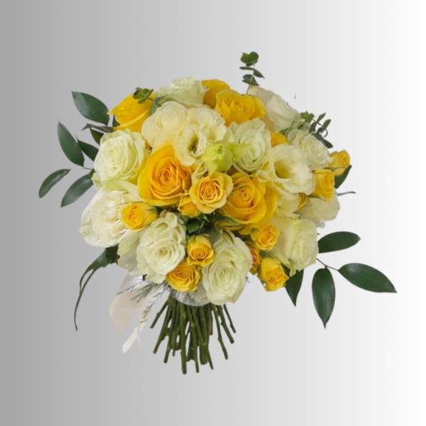 Bouquet of yellow and white roses with greenery