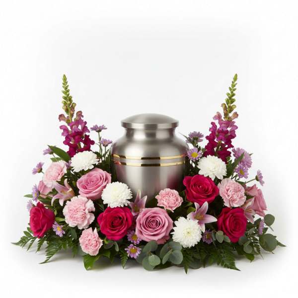 Pink and white flowers arranged around a silver urn