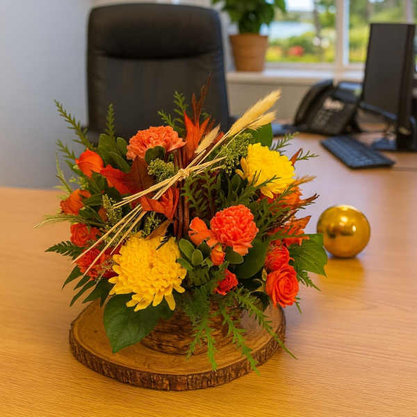 Low orange and yellow flower arrangement on a wood slice base on an office desk