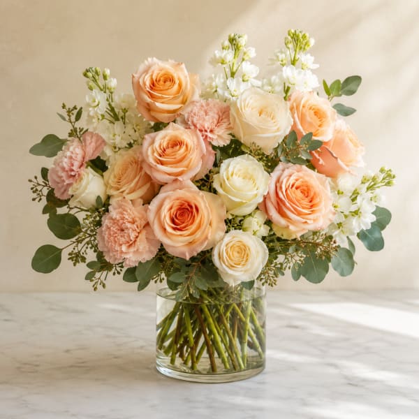 Peach and white roses with pink carnations in a clear glass vase