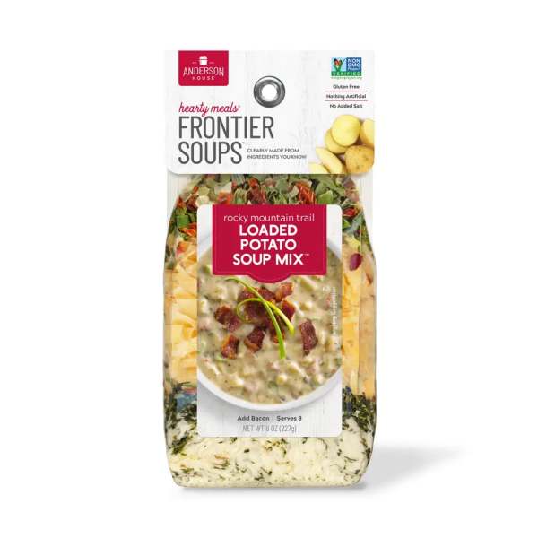 Package of loaded potato soup mix with a bowl of soup on the front