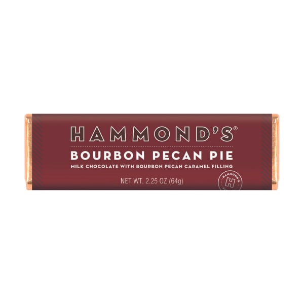 Bourbon pecan pie chocolate bar in maroon wrapper