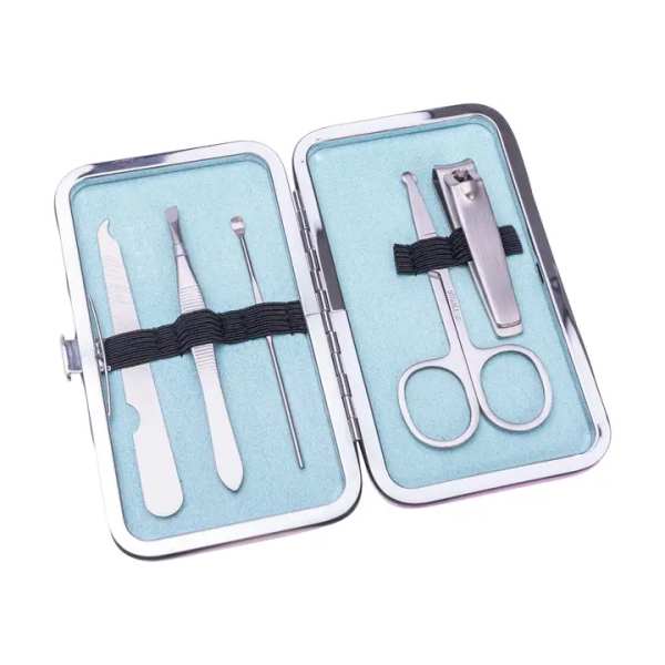 Open manicure kit with nail tools in a blue case