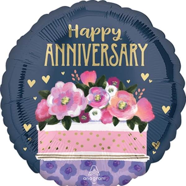 Round anniversary balloon with pink flowers and gold lettering