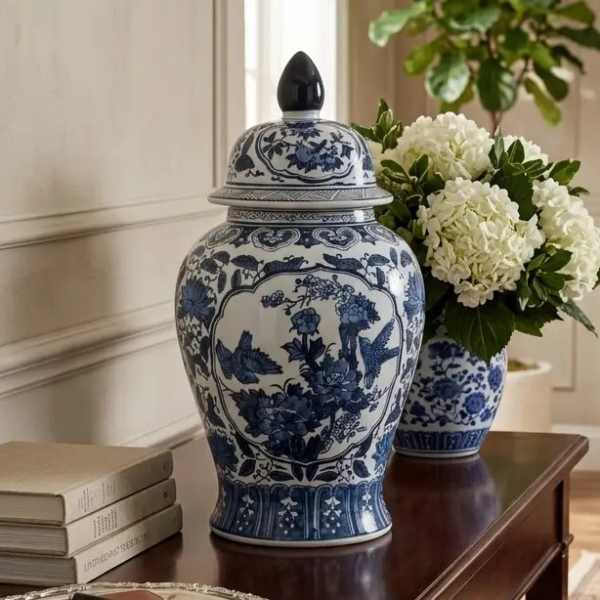Blue-and-white ceramic jars with white hydrangeas on a wooden table