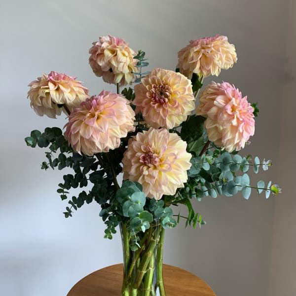 Peach-pink dahlias in a clear glass vase with eucalyptus