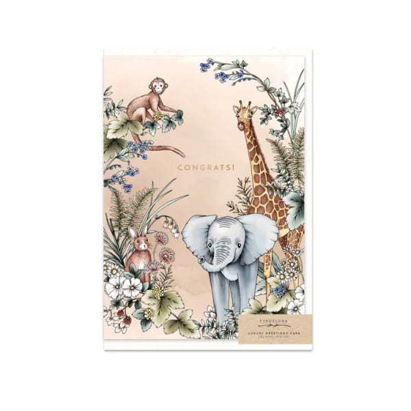 Greeting card with jungle animals and floral border, reading Congrats!