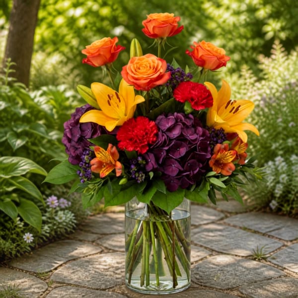 Bouquet of orange roses, yellow lilies, and purple hydrangeas in a glass vase