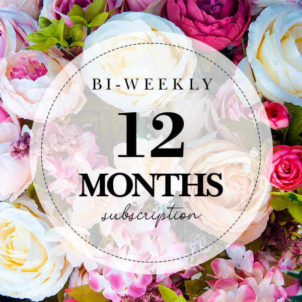 Floral subscription graphic with pink and white roses and peonies.