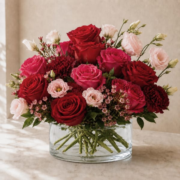 Red and pink roses with pale lisianthus in a clear glass vase