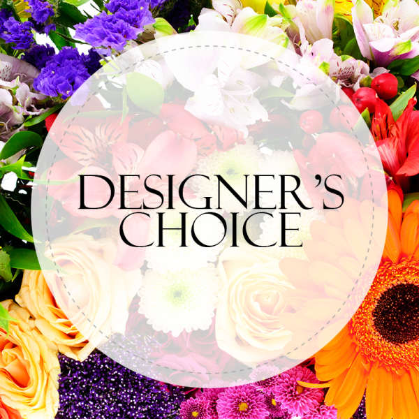 Colorful mixed flowers with a "Designer’s Choice" label