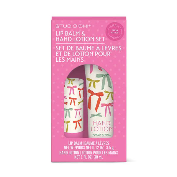 Pink box containing a lip balm and hand lotion set