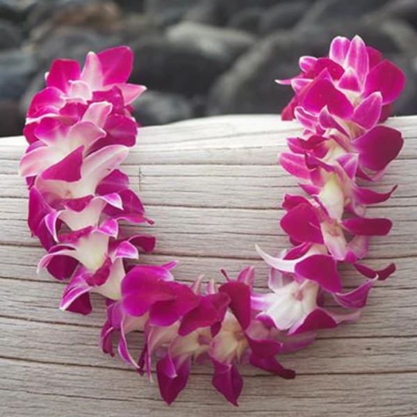 Pink and white orchid lei on a wooden surface