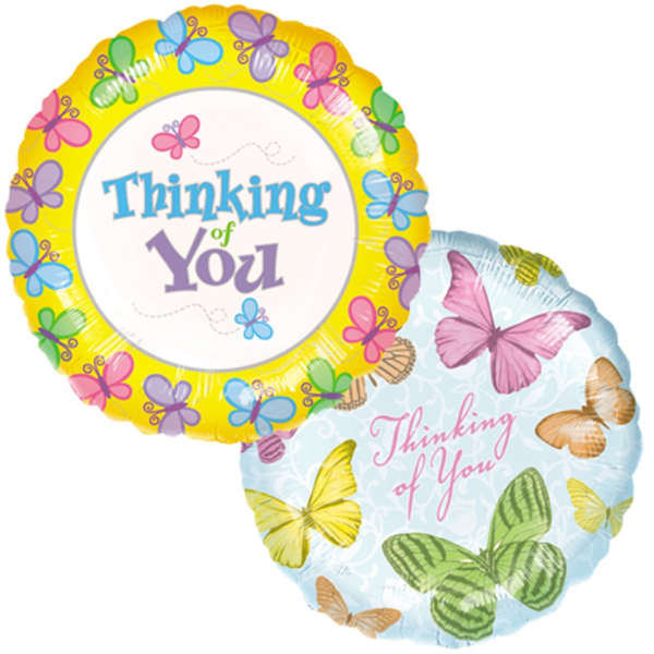 Two round butterfly-themed balloons with "Thinking of You" text
