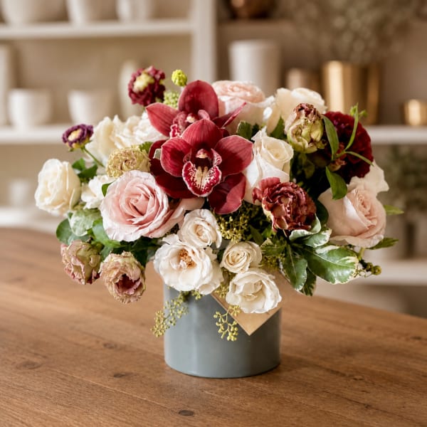 Mixed bouquet of roses and orchids in a gray vase