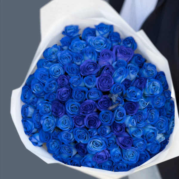 Bouquet of blue and purple roses wrapped in white paper