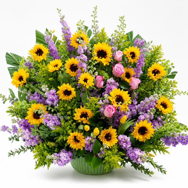 Large bouquet of sunflowers and purple flowers in a green vase