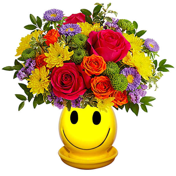 Colorful bouquet in a yellow smiley-face vase