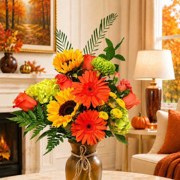 Autumn bouquet of sunflowers, gerbera daisies, roses, and green hydrangeas in a vase