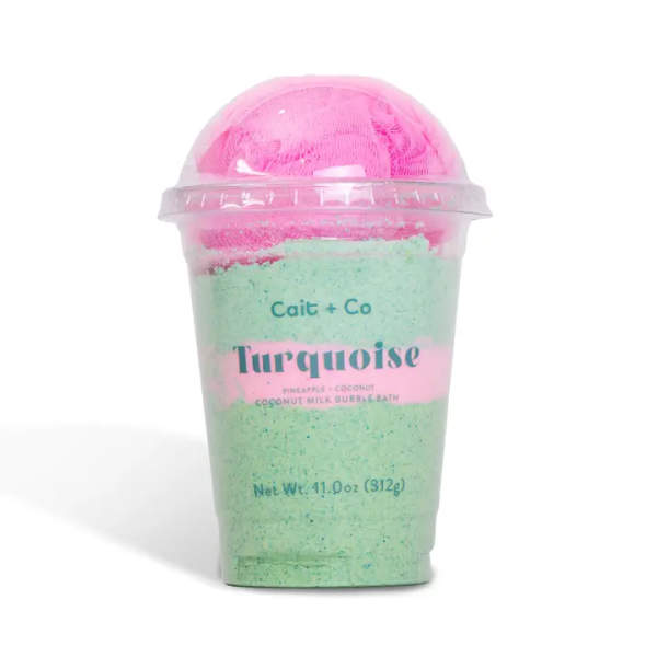 Pink and mint bath product in a clear plastic cup with a dome lid