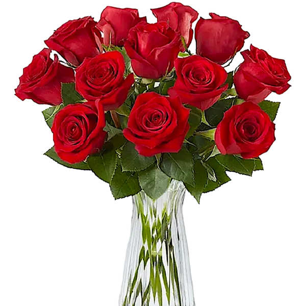 Bouquet of red roses in a clear glass vase