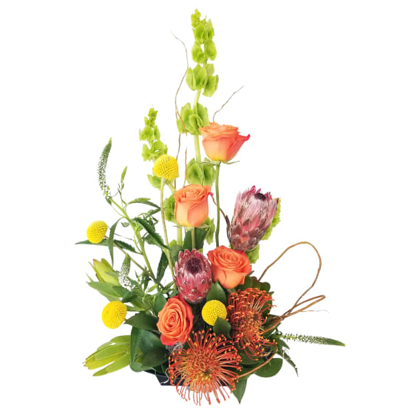 Tall arrangement with orange roses, protea, and yellow billy balls