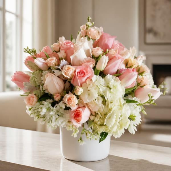 Pink and white bouquet in a white vase