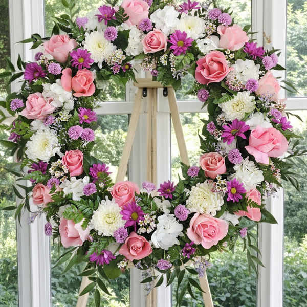 Floral wreath with pink roses, white blooms, and purple daisies on an easel