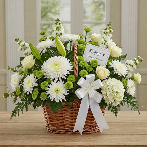 White flowers and green mums in a wicker basket with a sympathy card and ribbon